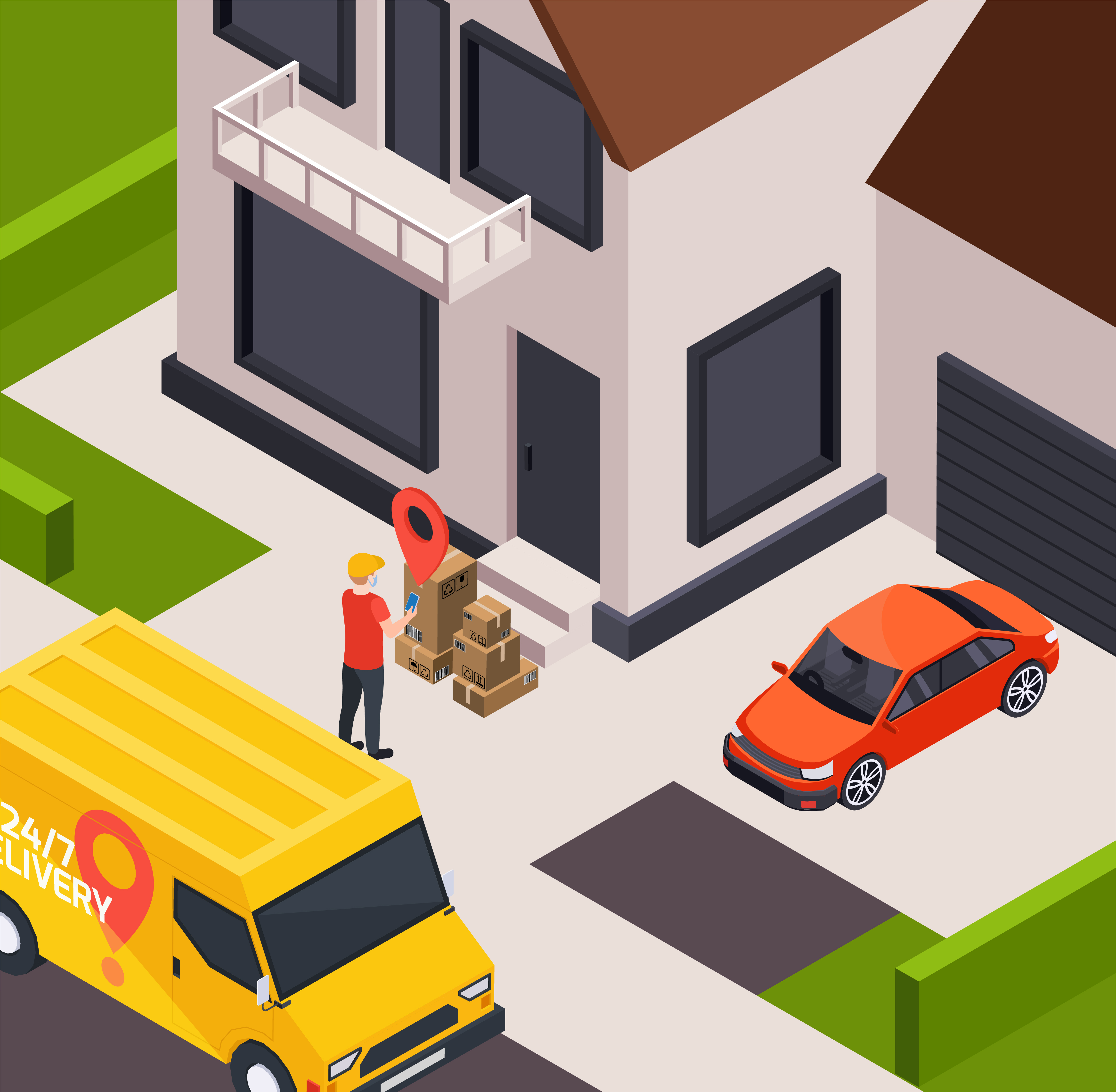 Delivery service isometric composition with outdoor view of house with yellow van and courier with parcels vector illustration